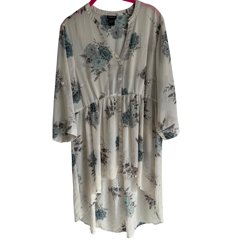 TORRID Off‎ White Floral Sheer Roll-Tab Sleeve Ladies Tunic, 12
